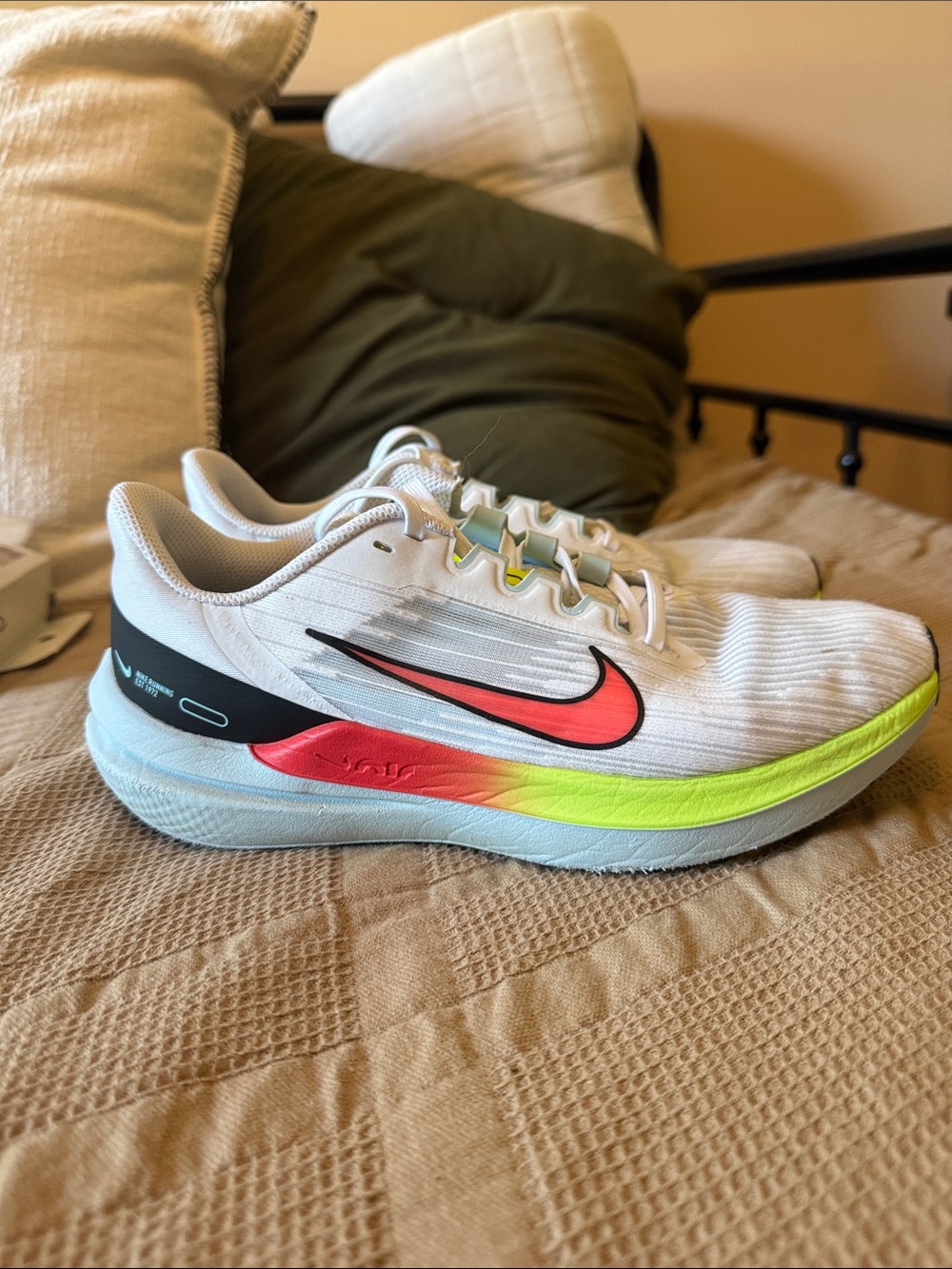 Nike Women’s White Running Shoes with Neon Coral and Yellow Accent